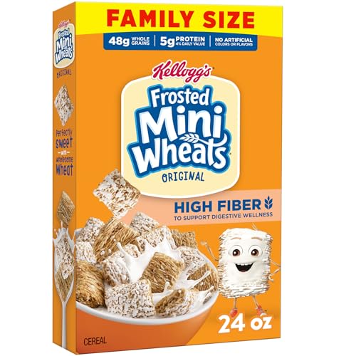 Kellogg's Frosted Mini-Wheats Cold Breakfast Cereal, High-Fiber, Whole Grain, Family Size, Original, 24oz Box (1 Box)