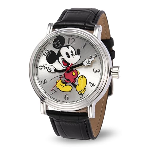 Disney Mickey's Articulating Hands Watch - Mickey Mouse Watch for Men - Vintage 90s Watches - Classic Men's Toys - Stylish Design - Silver Case - Leather Strap