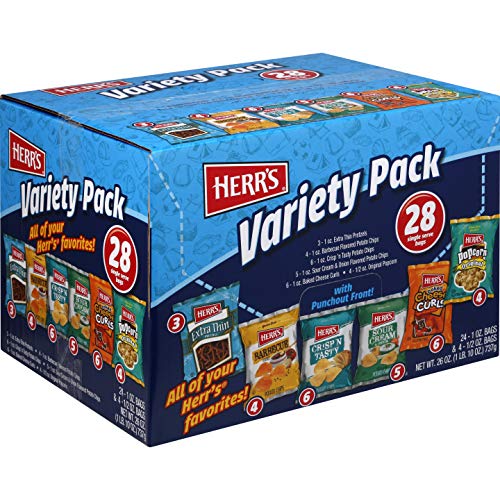 Herr’s Snacks Variety Pack, Potato Chips, Pretzels, Popcorn, Cheese Curls, 26oz Box (28 Bags)