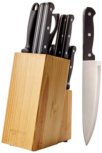 Amazon Basics 14-Piece High Carbon Stainless Steel Kitchen Knife Set with Sharpener and Pinewood Block, BlackKnife Set,
