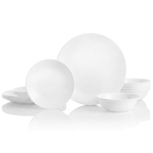 Corelle Vitrelle 18-Piece Service for 6 Dinnerware Set Triple Layer Glass and Chip Resistant, Lightweight Round Plates and Bowls Set, Winter Frost White
