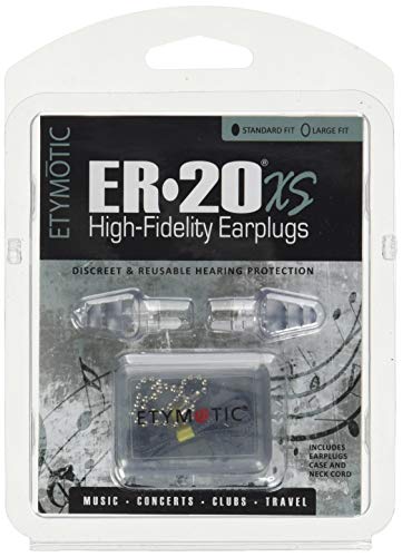 Etymotic ER20XS ETY Earplugs - Standard Size, Clear - High-Fidelity Hearing Protection - Up to 20 dB Sound Reduction - Reusable - Includes Neck Cord & Carrying Case