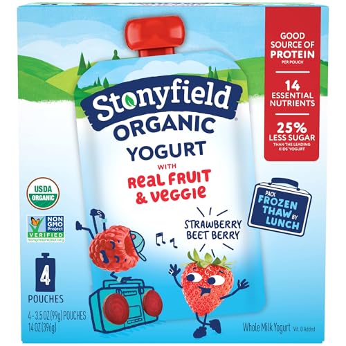 Stonyfield Organic Kids Strawberry Beet Berry Whole Milk Yogurt Pouches, 3.5 oz., 4 Ct – Real Fruit and Veggie; On The Go Snack and Breakfast Addition