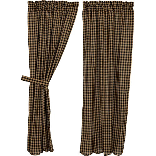 VHC Brands Black Check Scalloped Short Panel Set of 2 63x36 Country Curtains, Black and Tan