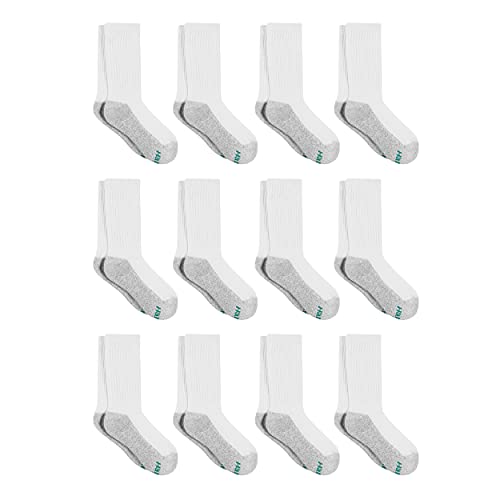 Hanes Medium-Shoe Size: 9-2.5 Boys, Double Tough Cushioned Crew Socks, 12-Pair Packs, White/Grey Bottom