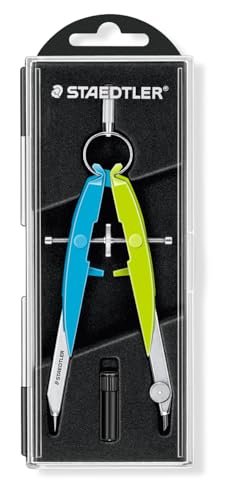 (-33%) STAEDTLER Zirkel Mars Comfort, Geometriezirkel mit Spindelführung, Rundfederkopf und Mitteltriebspindel, präzise, Etui mit Klappdeckel und Minendose, neon blau-grün, 556 00-N1