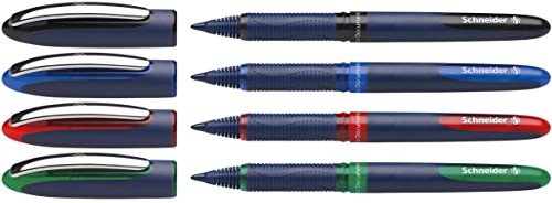 Schneider One Business Rollerball Pen, 0.6 mm Ultra-Smooth Tip, Blue Barrel, Four-Pack, One Each of: Black, Red, Blue, Green (183094)