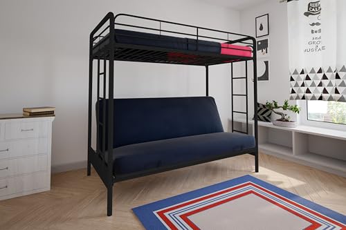 DHP Twin-Over-Futon Convertible Couch and Bed with Metal Frame, Ladder and Guardrails - Black