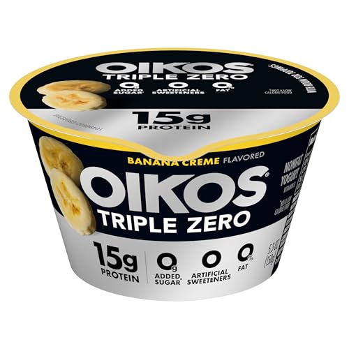 Oikos Triple Zero Banana Creme Nonfat Greek Yogurt, 0% Fat, 0g Added Sugar and 0 Artificial Sweeteners, Just Delicious High Protein Yogurt, 5.3 OZ Cup
