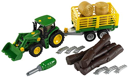 Theo Klein 3906 John Deere tractor with wooden and hay cart I screw set including screwdriver I dimensions: 47 cm x 10.50 cm x 12 cm I Toys for children aged 3 and over