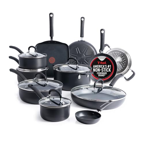 T-Fal Ultimate Hard Anodized Nonstick Cookware Set 17 Piece, Nonstick Pots and Pans Set with Fry Pan, Saucepans, Saute-Pan, Griddle, Dishwasher Safe, Black