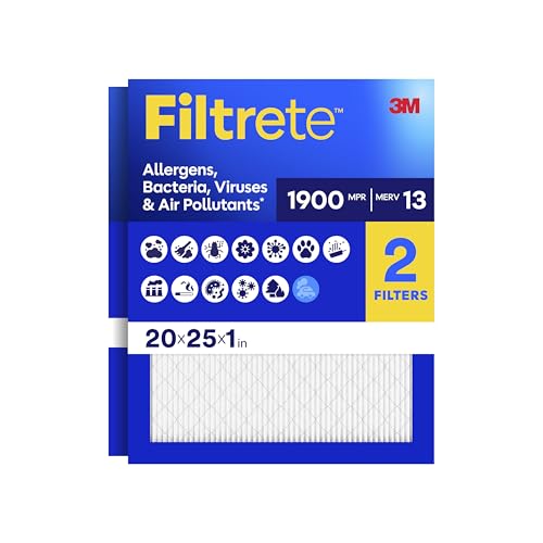 Filtrete 20x25x1 AC Furnace Air Filter, MERV 13, MPR 1900, Premium Allergen, Bacteria & Virus Filter, 3-Month Pleated 1-Inch Electrostatic Air Cleaning Filter, 2-Pack (Actual Size 19.69x24.69x0.78 in)