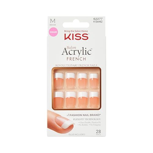 KISS Salon Acrylic Press On Nails, Nail glue included, 'Sugar Rush', French, Medium Size, Square Shape, Includes 28 Nails, 2g Glue, 1 Manicure Stick, 1 Mini File