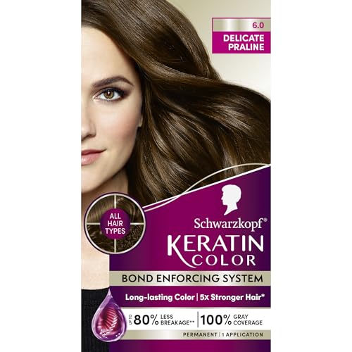 Schwarzkopf Keratin Permanent Hair Color, 6.0 Delicate Praline, 1 Application - Professionally Inspired Permanent Hair Dye, for up to 80% Less Breakage vs Untreated Hair and up to 100% Gray Coverage