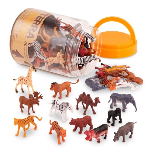 Terra by Battat – 60 Pieces Wild Creatures Tube – Realistic Mini Animal Figurines – Lion, Hippo, Tiger, Bear & More Safari Animals – Educational Toys for Kids & Toddlers 3+ Years