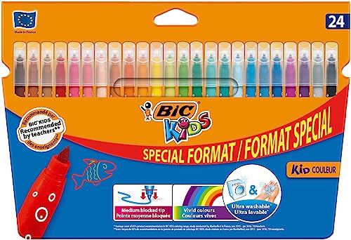 BIC Kids, Kid Couleur, Rotuladores Lavables para Niños,Ideales para Material Escolar, Punta Media Resistente, Colores Brillantes e intensos, Caja de 24 uds