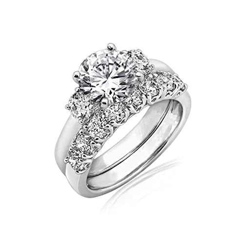 Amazon Essentials Sterling Silver Platinum Plated, Infinite Elements, Cubic Zirconia, Three Stone Ring with Matching Wedding Band, Size 7