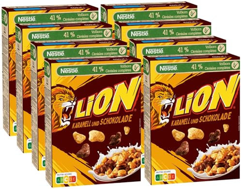 🔥 STARKER PREIS (-34%) NESTLÉ LION Cereals, Schoko Cerealien mit Karamell und 41% Vollkorn, Frühstücksflocken mit Vitaminen & Mineralstoffen, 8er Pack (8x400g)