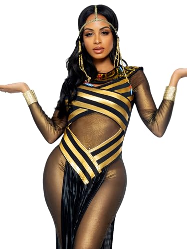 Leg Avenue womens - 3 Piece Nile Queen Catsuit Set Sexy Egyptian Halloween Dress Bodysuit With Headpiece for Adult Sized Costume, Gold/Black, Medium US
