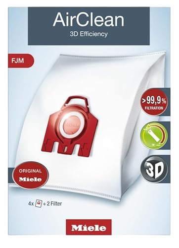 Miele AirClean 3D Efficiency Dust Bag, Type FJM, 4 Bags & 2 Filters, White