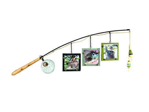 Young's Inc. Wood Fishing Pole Picture Frame Display with Three 4” x 4” Frames - Wall Decor – Hanging Picture Frames