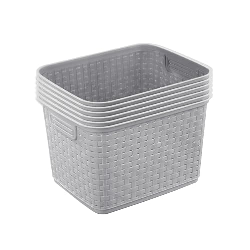 Sterilite 6-Pack Tall Weave Basket, Wicker-Style Plastic Open Storage Bin, Cement Gray - Multi-Purpose Decorative Organizer for Laundry Area, Shelves, Closets, Pantries, Living Rooms or Offices