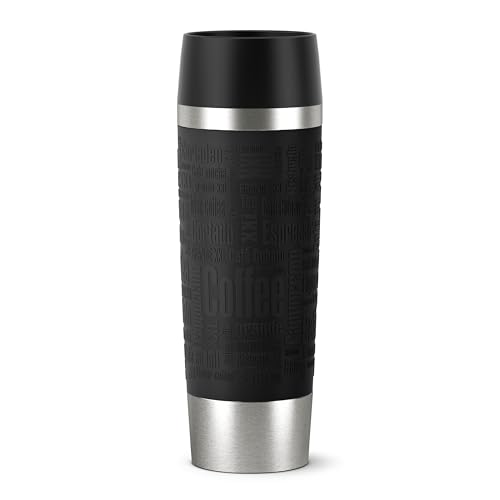 (-25%) EMSA Travel Mug, Grande Thermobecher, 0,50 L Fassungsvermögen, Doppelwandige Vakuumisolierung, 6 Stunden Heiß, 12 Stunden Kalt, 360° Trinken, Soft-Touch Silikonhülle, Edelstahl, Black, 515615