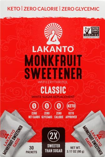 Lakanto Classic Monk Fruit Sweetener with Erythritol Sweetener Packets - White Sugar Replacement, Zero Net Carbs, Calories, Sweeten on the Go, Coffee, Lemonade, Tea, Desserts - Classic (3g - 30 Count)