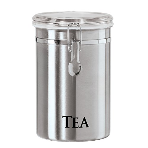 Oggi Stainless Steel Tea Canister 62 fl oz - Airtight Clamp Lid, Clear See-Thru Top - Ideal for Tea Bag, Loose Tea, Kitchen Storage, Pantry Storage. Large Size 5" x 7.5".