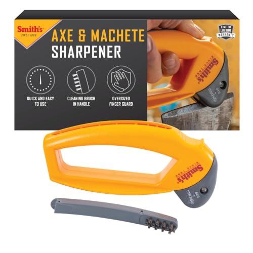 Smith’s 50582 Axe & Machete Sharpener - Axe, Machete, Hatchet, & Mower Tools - Large Handle w/ Finger Guard - Handheld Manual - Replaceable Carbide Blades - Wire-Bristled Cleaning Brush - Durable