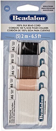 Beadalon 100% Silk Thread Variety Color Pack - Size 6 with Pre-Attached Needle, 5 Pk (Black, White, Grey, Beige, Brown), Silk Cord for Jewelry Making - Ideal for Pearl Knotting by Jewelry Designers