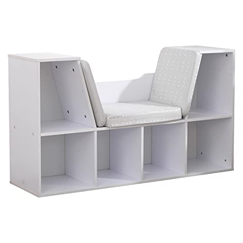 KidKraft Wooden Bookcase with Reading Nook, Storage and Gray Cushion, White