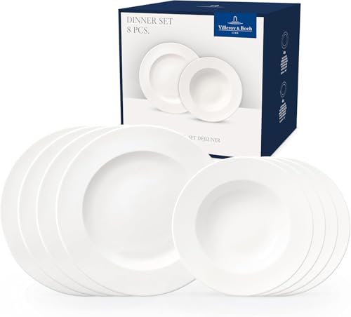 (-39%) Villeroy & Boch - For Me Dinner Set 8 teilig Weiß, Spülmaschinenfest, Mikrowellensicher, mit Speisetellern und Suppentellern, Geschirr, Geschirrset, Teller Set, Service, Premium Porzellan