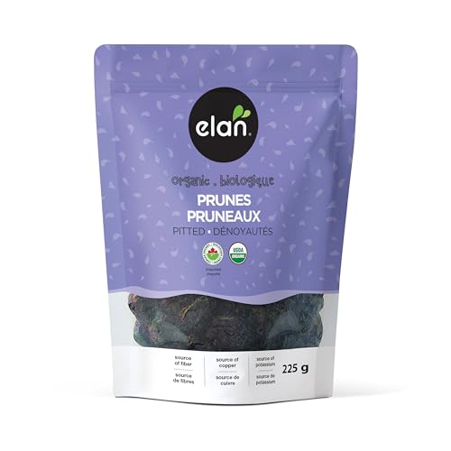 Elan Organic Pitted Prunes, 7.9 oz, Natural Dried Fruit, No Sugar Added, Sulphite-free, Non-GMO, Vegan, Gluten-Free, Kosher, Healthy Snack, Dried Plums