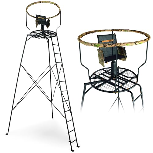 Muddy 1-Person Liberty Steel Tripod Hunting Stand, 16 ft Tall, 300 lb Capacity - Heavy-Duty with Flex-Tex 360 Swivel Seat, Extra-Wide Shooting Rail, Adjustable Legs and Detachable Gear Bags