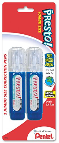 Pentel Presto Jumbo Correction Pen Fine Point, 12 ml, Metal Tip, 2-Packs (ZL31WBP2)