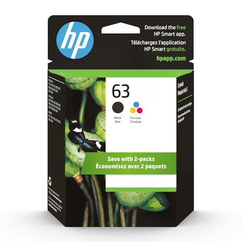 HP 63 Black, Tri-Color Ink Cartridge for HP Printers (2-pack), Works with DeskJet 1112, 2130, 3630 Series; ENVY 4510, 4520; OfficeJet 3830, 4650, 5200, Eligible for Instant Ink, L0R46AN