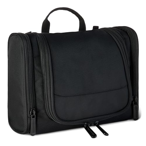 Amazon Essentials Spacious Toiletry Bag, Hanging Cosmetic Dopp Kit with Compartments, Portable, Polyester, Black (Previously Amazon Basics)