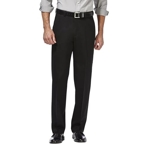 Haggar mens Premium No Iron Khaki Classic Fit Expandable Waist Flat Front Pant, Black, 40x32