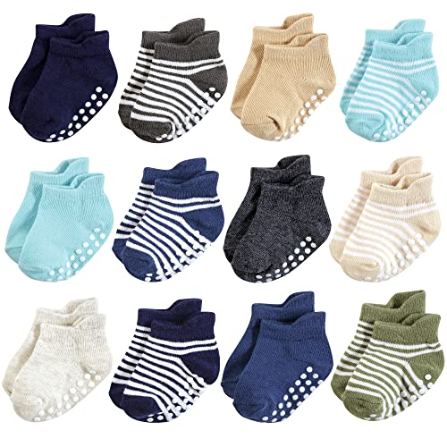 Hudson Baby Unisex Baby Non-Skid No-Show Socks, Blue Tan, 6-12 Months