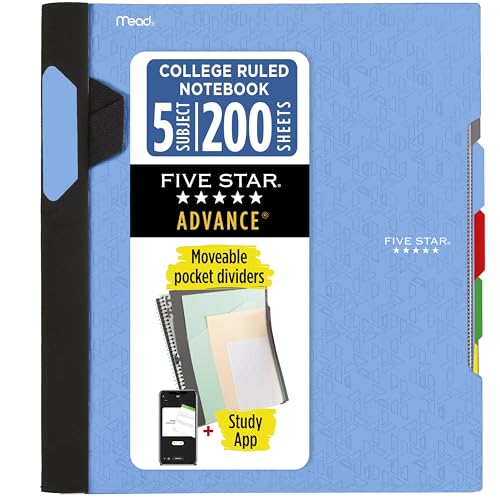 Five Star Advance Spiral Notebook + Study App, 5 Subject, College Ruled Paper, 8-1/2" x 11", 200 Sheets, Spiral Guard, Movable Tabbed Dividers, Pacific Blue (73150)