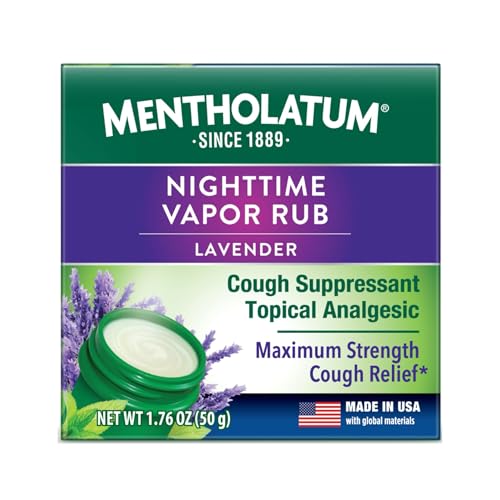Mentholatum Nighttime Vaporizing Rub, Lavender Scent, Maximum Strength Cough Suppressant, Topical Chest Rub & Analgesic Ointment, Soothing Vapors Relieve Aches & Pains Due to Cold & Cough, 1.76 oz