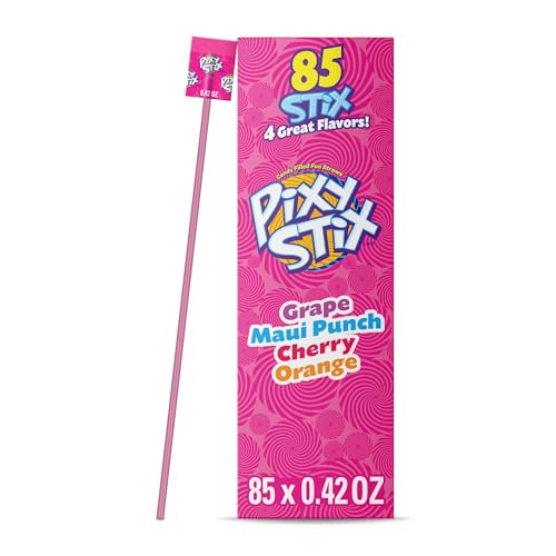 Wonka Pixy Stix, Sour Powder Straws, Grape, Maui Punch, Cherry, and Orange, Sweet and Tart Candy Powder, 85 ct
