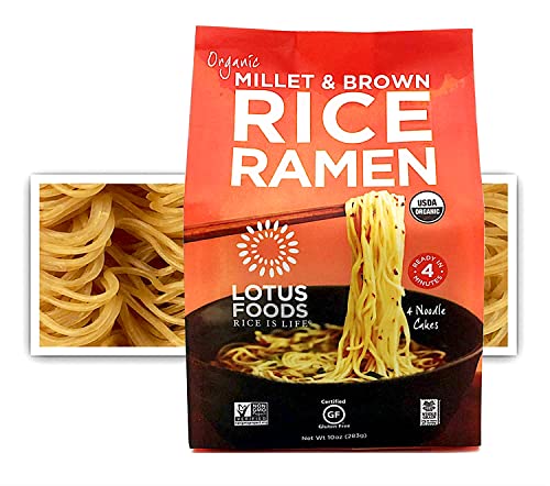 Lotus Foods Organic Millet and Brown Rice Ramen Noodles - Gluten Free Instant Ramen Noodles, Vegan, Low Sodium, Made with Brown Rice Flour and Millet Flour, Ready in 4 Minutes - 10 Oz Bag (Pack of 1)