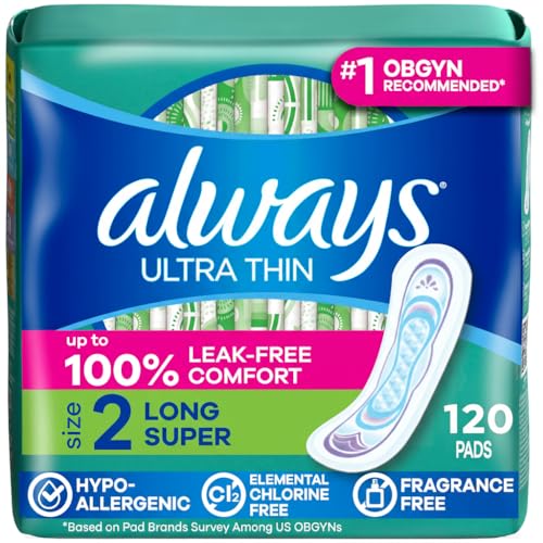Always Ultra Thin Feminine Pads without Wings for Women, Size 2, Long Super Absorbency, Unscented, 40 Count x 3 Pack (120 Count total) (Packaging May Vary)