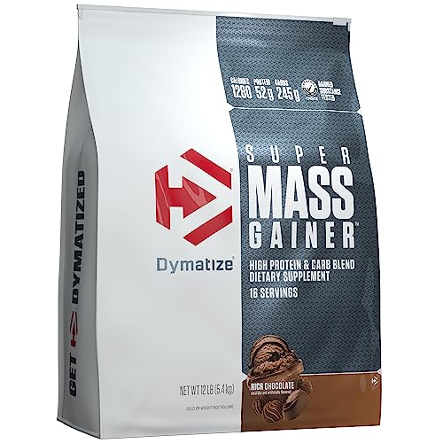 Dymatize Super Mass Gainer Protein Powder, Rich Chocolate, 52g Protein, 1g Creatine, 1280 Calories, 10.7g BCAAs, 245g Carbs, Contains Whey Protein Powder, Isolate, and Casein (16 Servings)