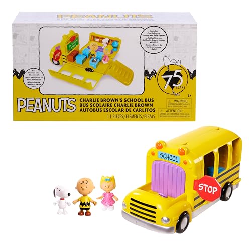 Peanuts Charlie Brown's Interactive School Bus Toy, 11-Pieces, Includes Charlie Brown, Sally, and Snoopy Figures, Toy fo