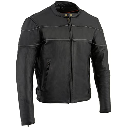 Milwaukee Leather SH1785 Men's Black Leather Scooter Style Motorcycle Jacket w/Side Stretch and Reflective Piping - Large