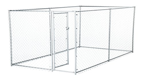 Lucky Dog Heavy Duty Outdoor Galvanized Chain Link Dog Kennel Enclosure with Latching Door, 1.5 Inch Raised Legs, and Adjustable Configuration, Silver