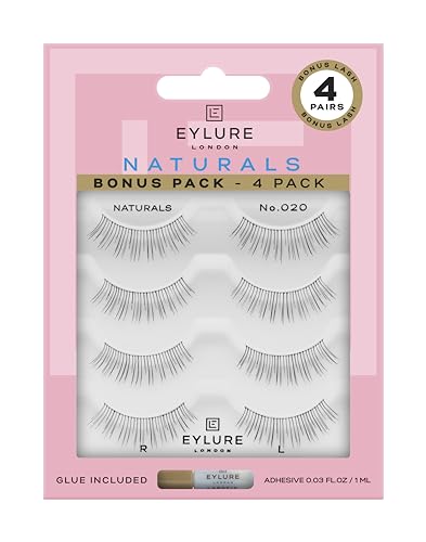 Eylure Naturals No. 020 Reusable Eyelashes, Adhesive Included, Black, 4 Pair